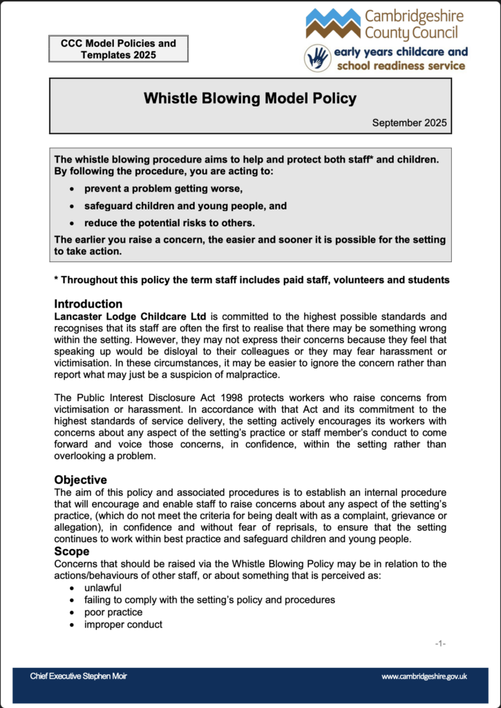 Whistle Blowing Model Policy