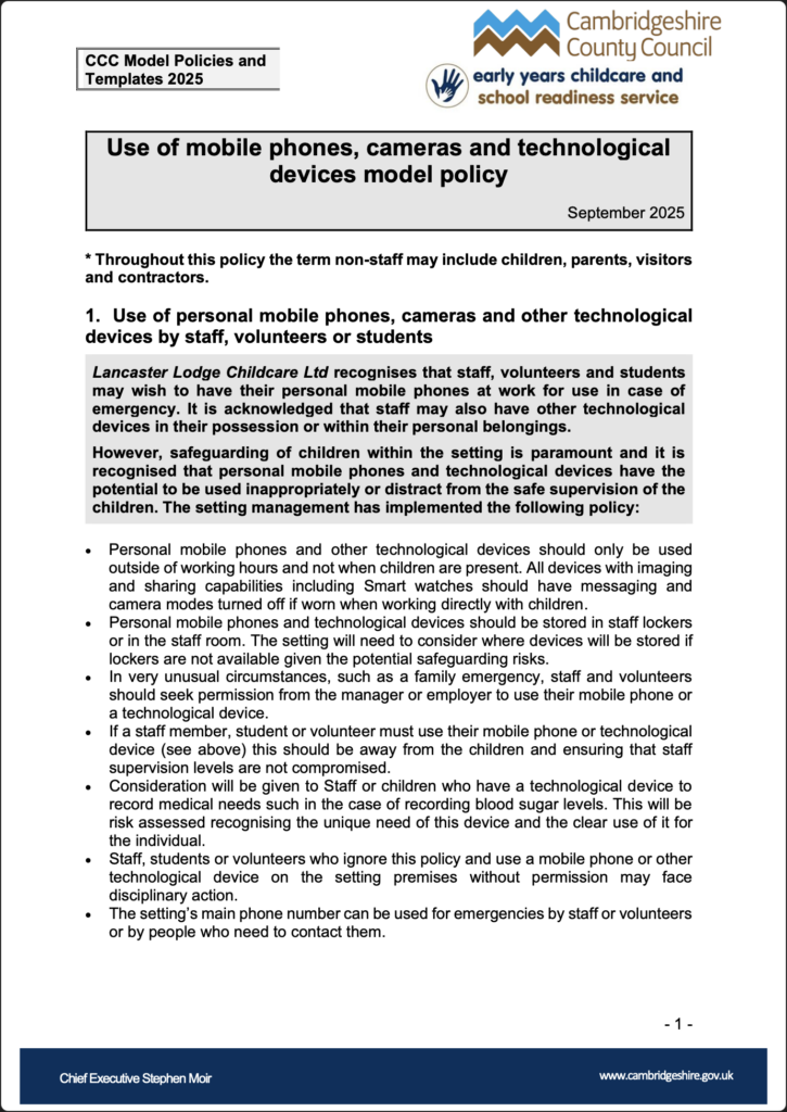 Use of mobile phones, cameras and technological devices model policy