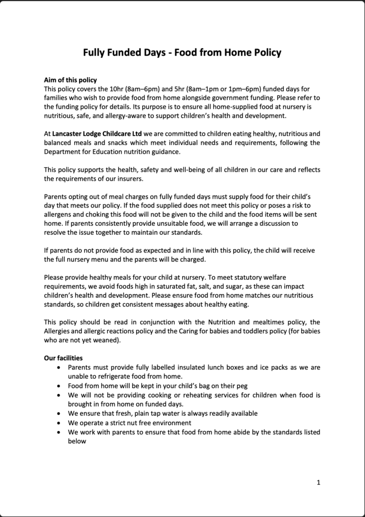 Fully Funded Days - Food from Home Policy