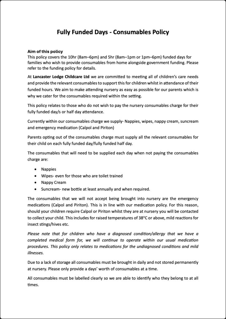 Fully Funded Days - Consumables Policy