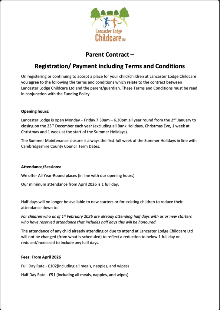 Parent Contract - Registration / Payment Including Terms and Conditions.