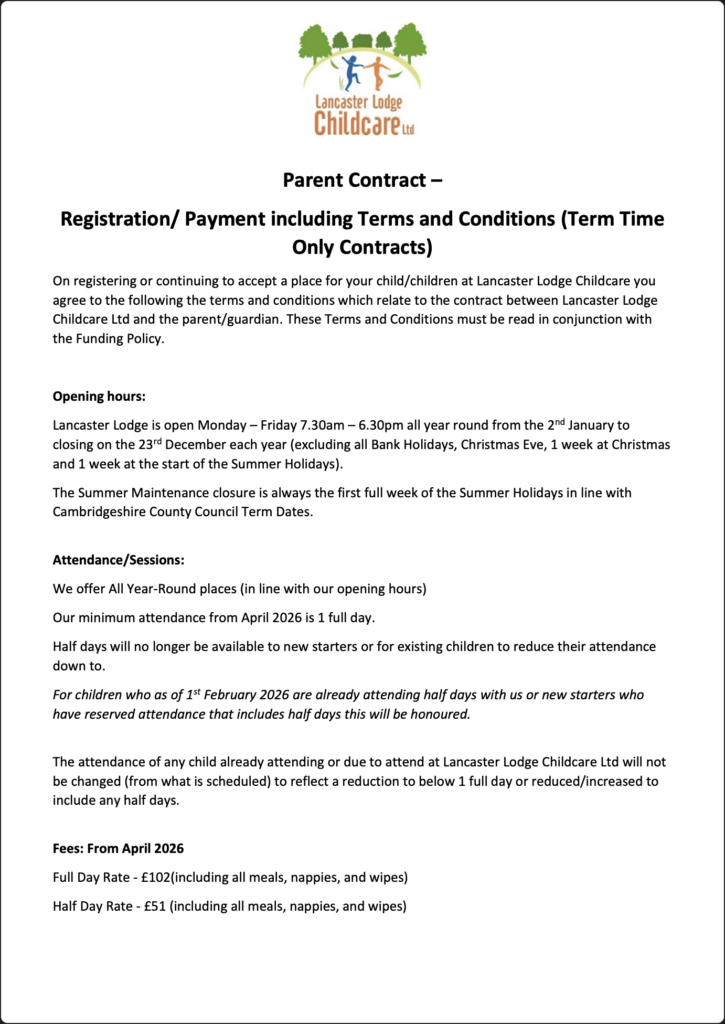 Parent contract - Registration/Payment including Terms and Conditions (Term Time Only Contracts)